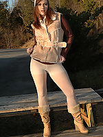 Dawn shows off on the picnic table in off white pantyhose and cute boots then stands up for a little public pissing too